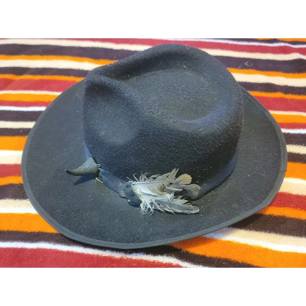 Black Felt Wide‎ Brim Hat Feather Horn Band Handmade Costume Gothic Witch